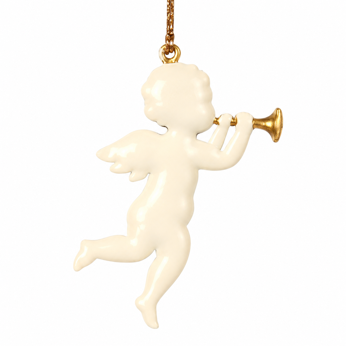 Cream metal angel Christmas ornament playing a gold horn, with a wing, curved legs and a hanging loop on a white background