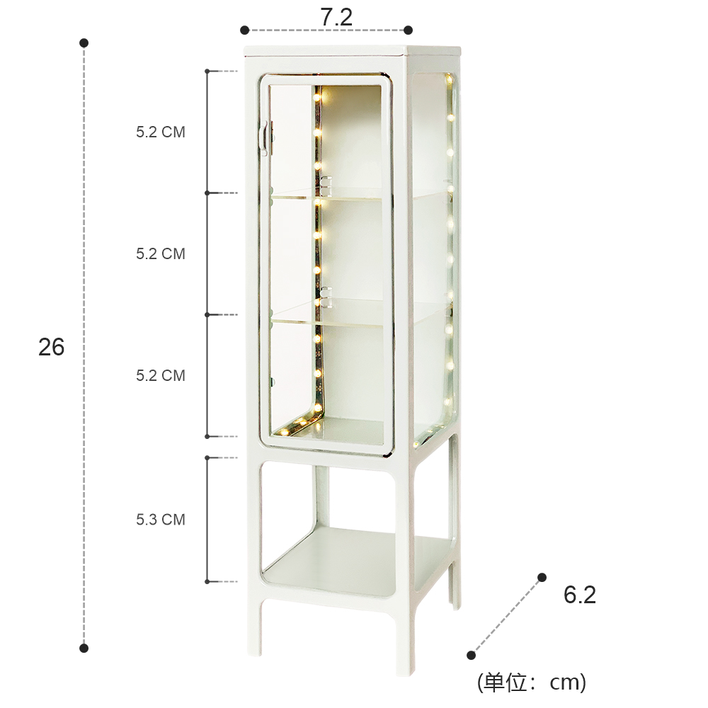 Dimension chart for off white 1:6 scale LED dollhouse display cabinet, 7.2 x 6.5 x 26 cm