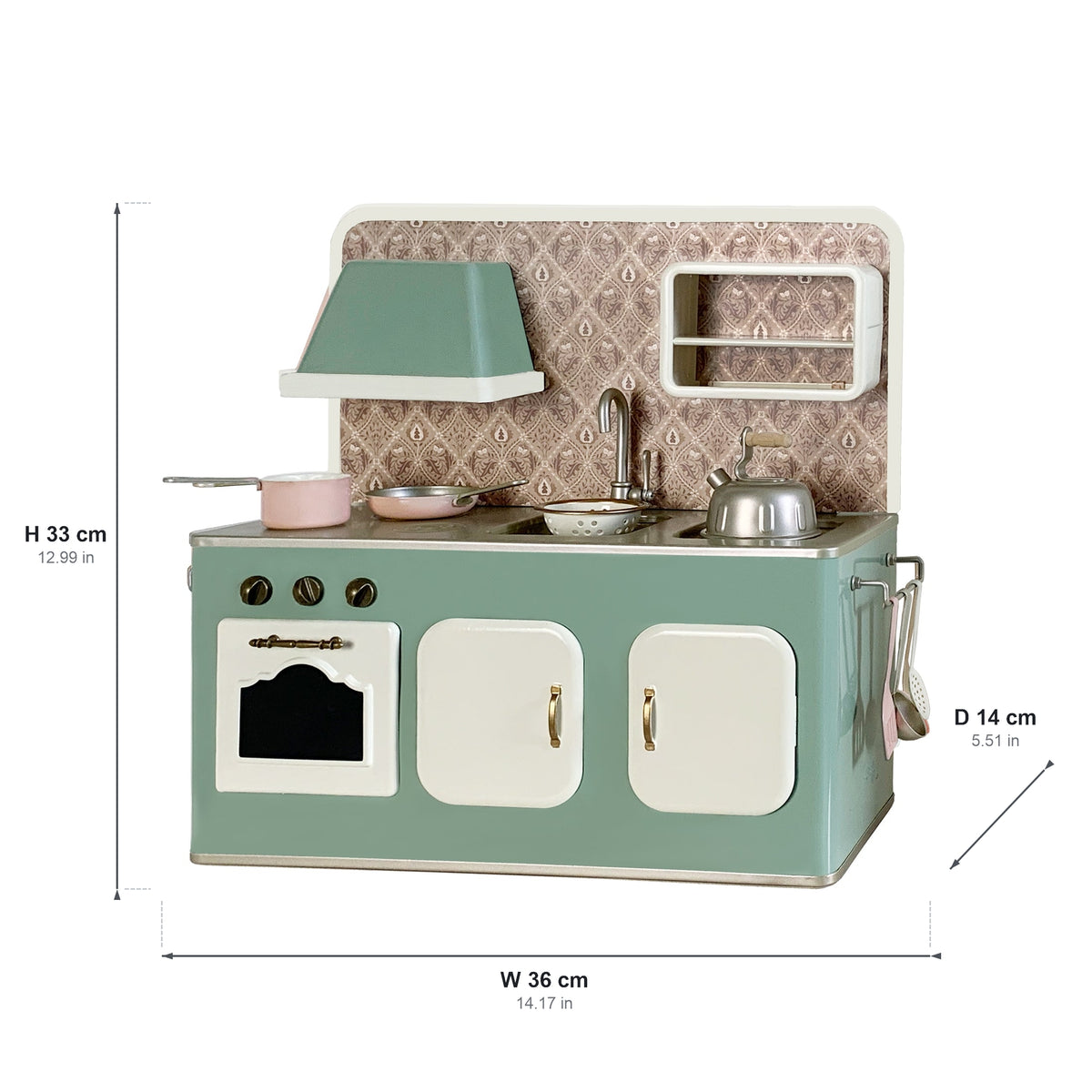 Dimension guide for the green and gold 1:6 scale metal kitchen set, W 36 × D 14 × H 33 cm