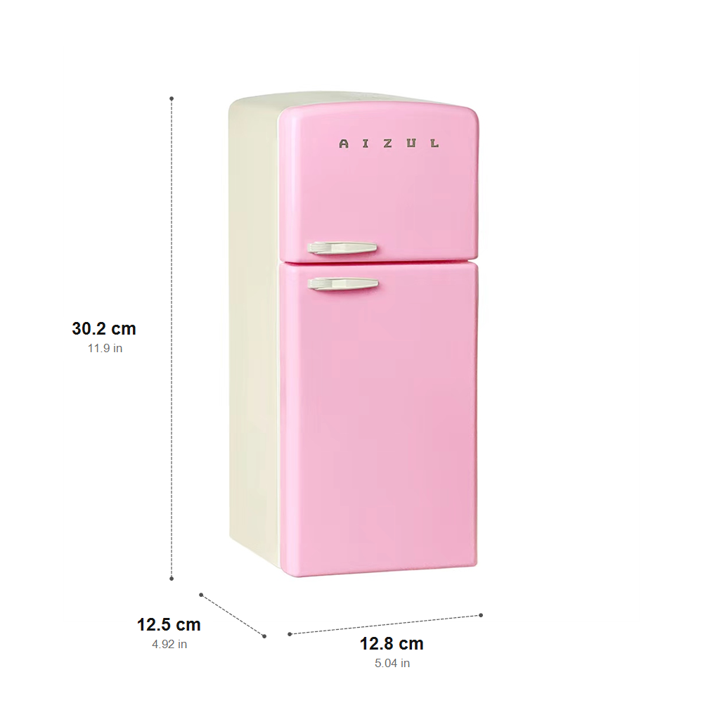 Pink 1:6 dollhouse refrigerator dimension chart showing 30.2 cm height, 12.8 cm width and 12.5 cm depth