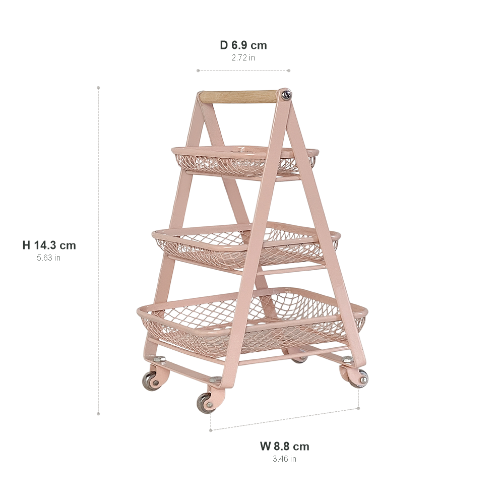 Gray-Pink 1:6 metal and wood dollhouse triple trolley size 8.8 x 6.9 x 14.3 cm (3.46 x 2.72 x 5.63 in)
