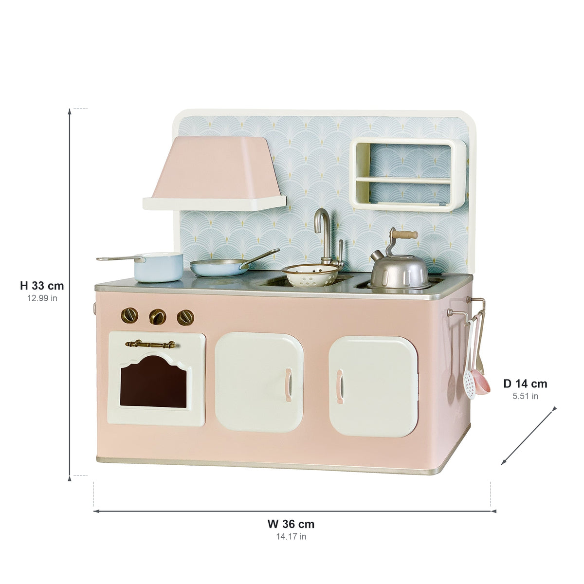 Dimension guide for the pink and blue 1:6 scale metal kitchen set, W 36 × D 14 × H 33 cm