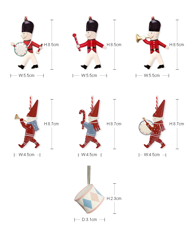 Supplementary metal Christmas ornament size chart showing three white-trouser guards, three pixies and one pink drum in a uniform grid, with body dimensions in centimetres excluding hanging cords