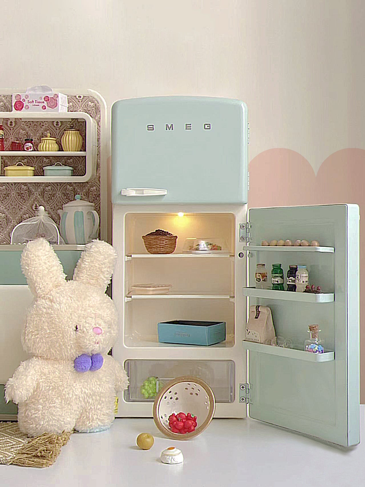 1:6 Mint Green Lighted Metal Dollhouse Refrigerator | Aizulhomey