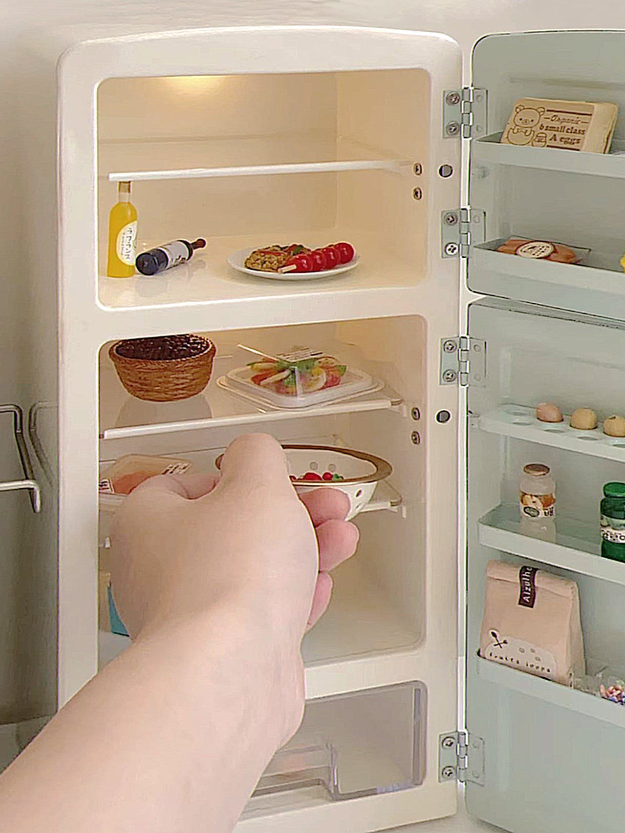 1:6 Mint Green Lighted Metal Dollhouse Refrigerator | Aizulhomey