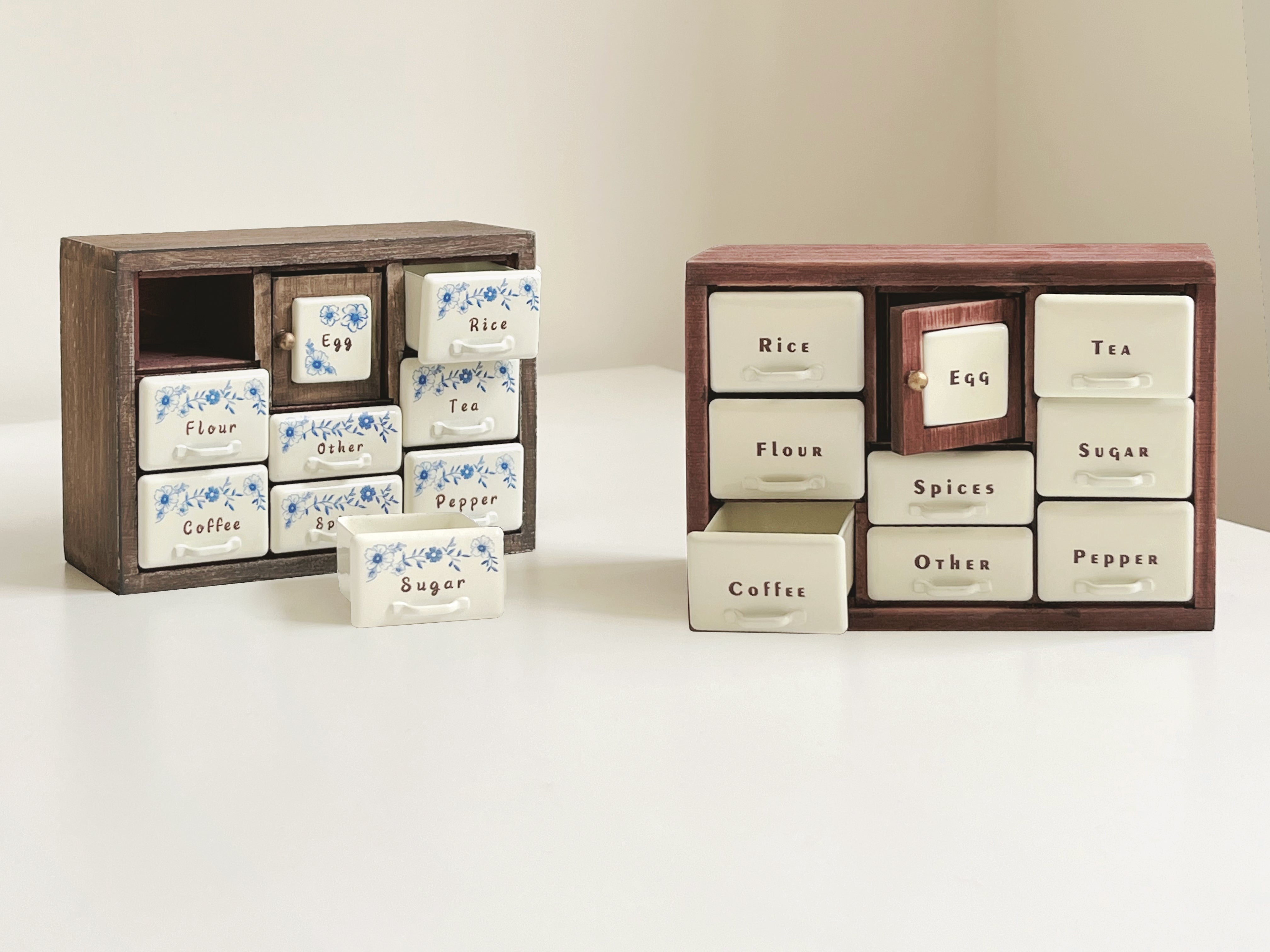 Red Bean spice cabinet stacked above Antler Brown spice cabinet for storage display
