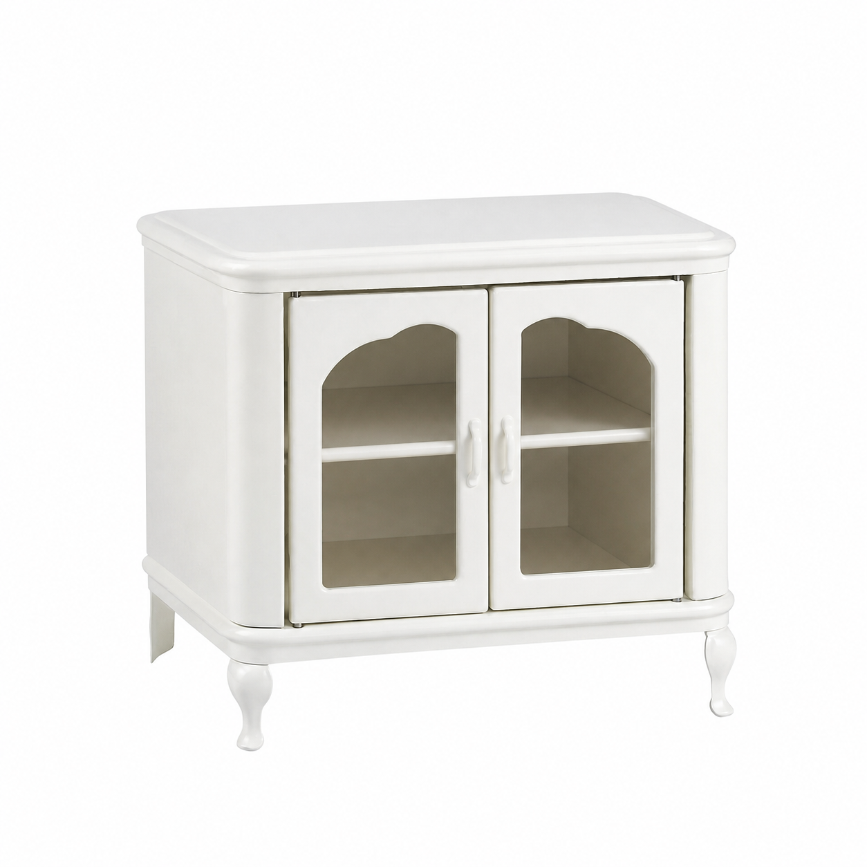 Off-white 1:6 metal dollhouse cupboard with two windowed doors, interior shelf, display top and curved feet
