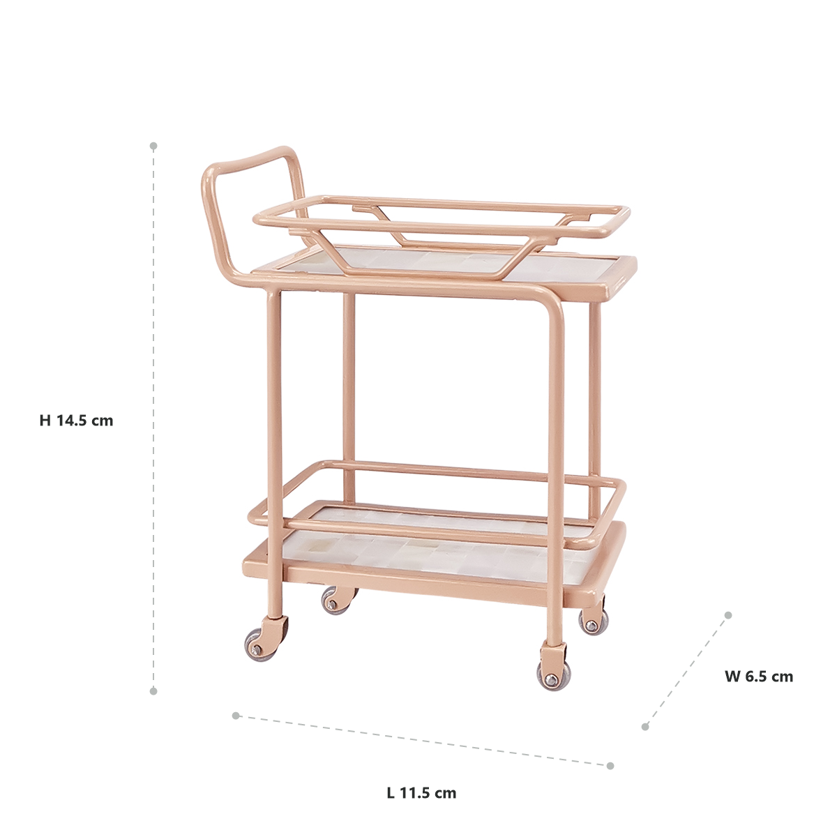 Pink 1:6 metal serving trolley dimension chart showing L 10.2 × W 6.4 × H 14.3 cm and L 4.02 × W 2.52 × H 5.63 in
