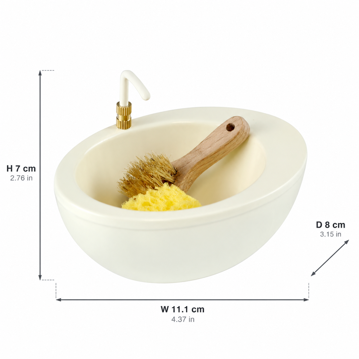 Dimension guide for the white metal 1:12 bathtub with white faucet spout and gold-tone collars: W 11.1 x D 8 x H 7 cm (4.37 x 3.15 x 2.76 in)