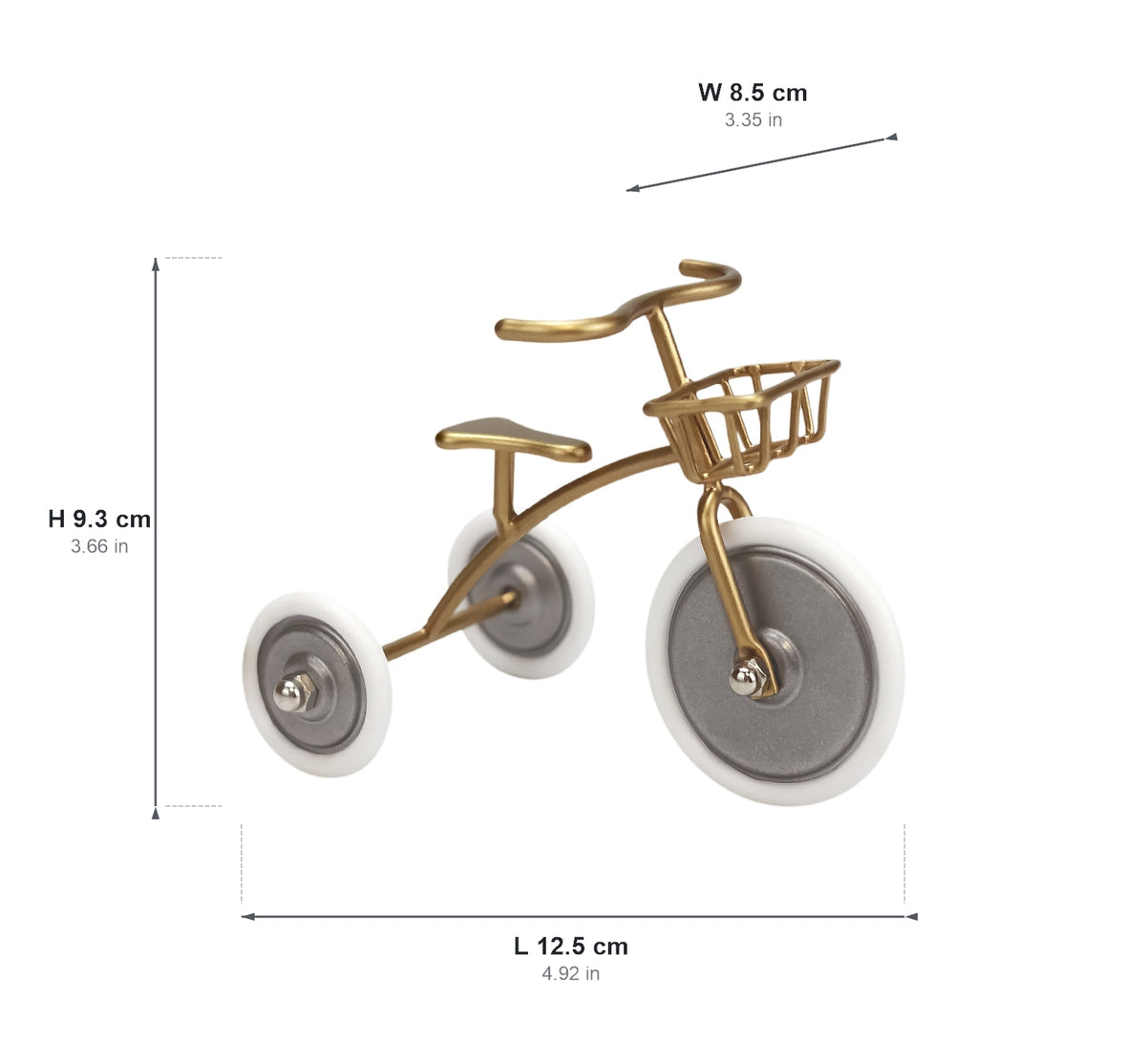 Golden 1:12 metal dollhouse tricycle dimensions: L 12.5 × W 8.5 × H 9.3 cm / 4.92 × 3.35 × 3.66 in