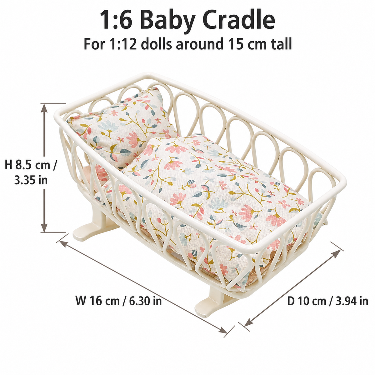 Dimension guide for a white metal 1:6 baby cradle with multicolor floral bedding, for 1:12 dolls around 15 cm tall, W 16 × D 10 × H 8.5 cm (6.30 × 3.94 × 3.35 in)